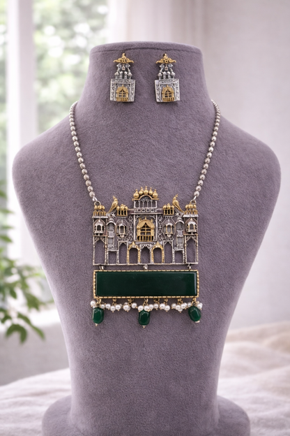 Oxidized Dual-Tone Green Onyx Jewellery Set-G351600