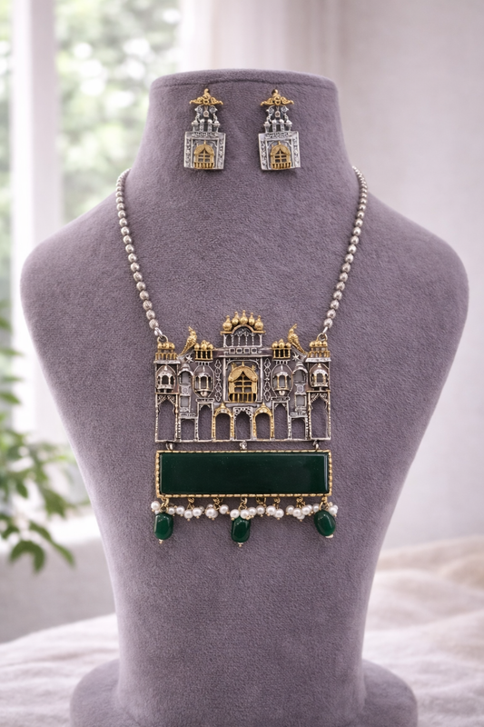 Oxidized Dual-Tone Green Onyx Jewellery Set-G351600