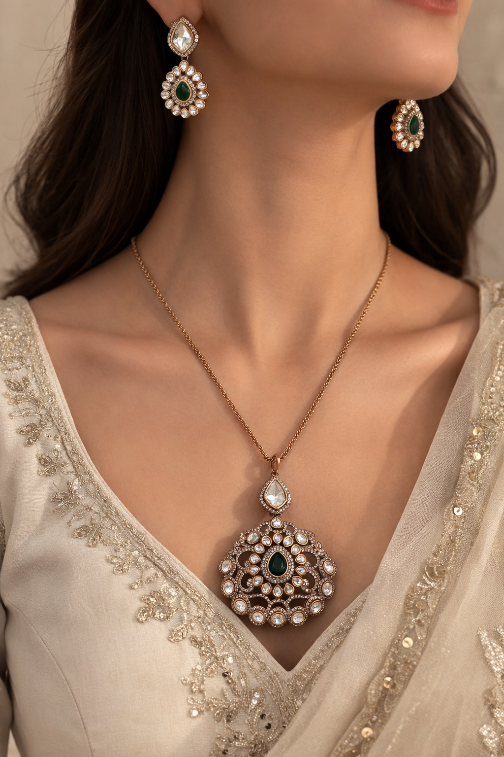 Mossointe Emerald Long Pendant Set