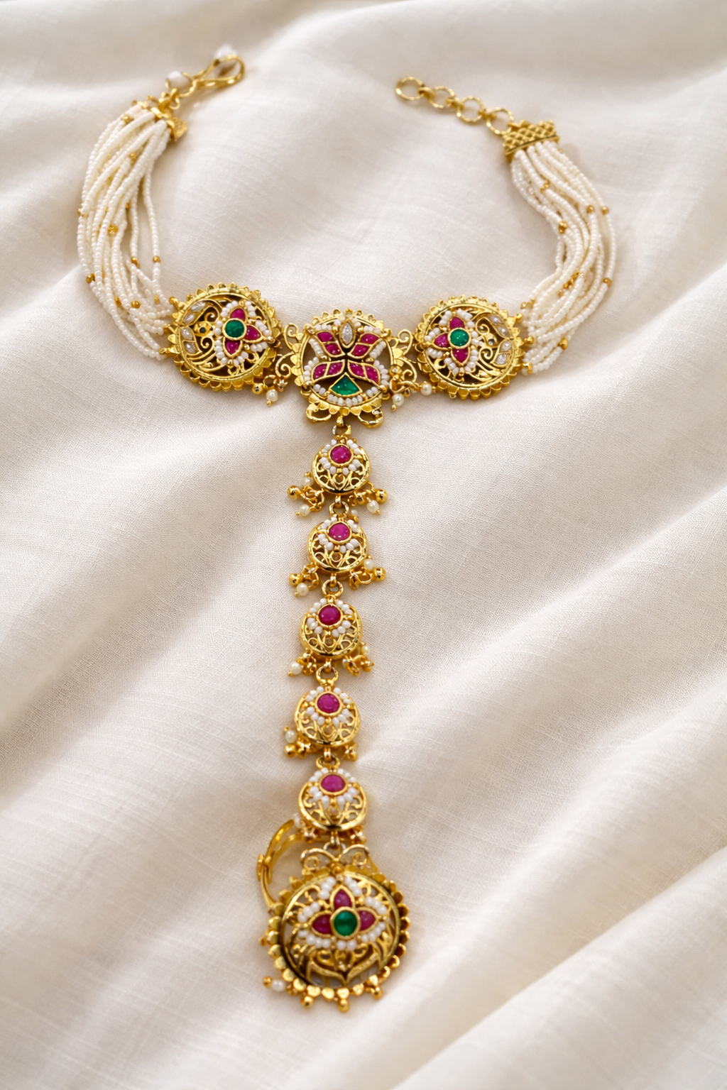 Gold Plated Heritage Hath Panja with Pearl & Stone