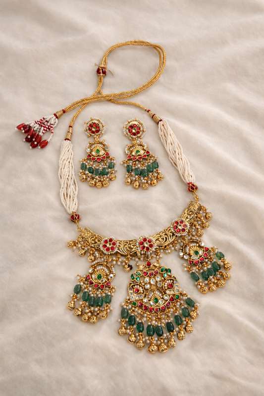 Regal Rajwadi Style Emerald & Ruby Stone Beaded Necklace Set