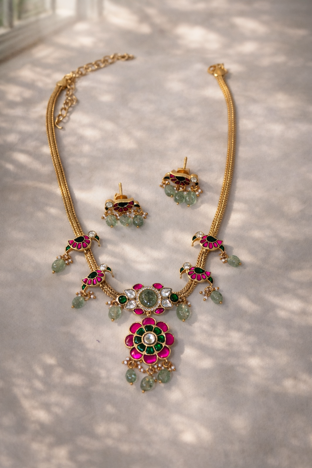 Jadau Kundan Peacock Motif Necklace Set with Pearl & Emerald Beads Earings