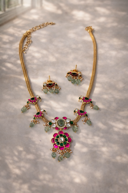 Jadau Kundan Peacock Motif Necklace Set with Pearl & Emerald Beads Earings
