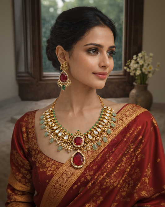 Kundan & Pearl Choker Necklace Set-G354000