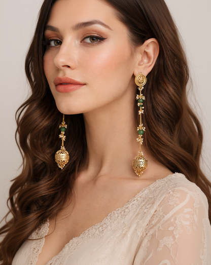 Ornate Gold Jhumka Earrings with Green Emerald Drops and Pearl Accents-G352400