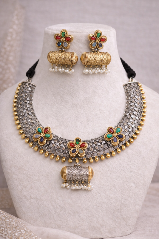 Oxidized Afghan Choker Necklace Set-G3511600