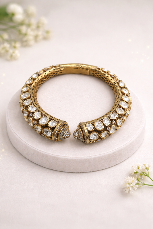 Gold-Finished Ornate Kundan Polki Openable Kada(Free Size)-G354150