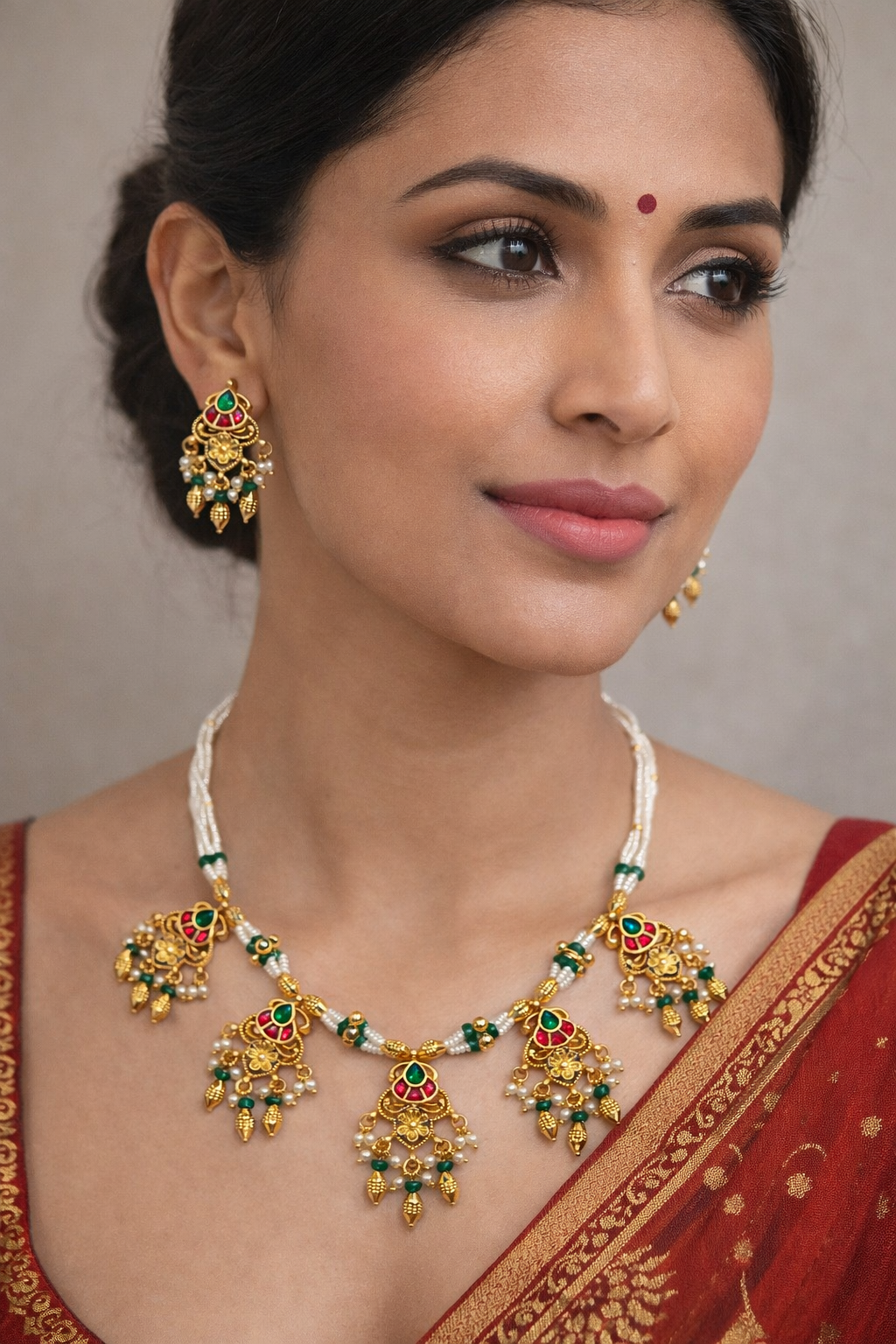 Elegant Gold-Toned Pearl and Kundan Necklace with Earrings