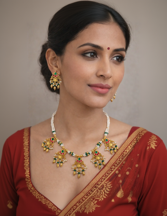 Elegant Gold-Toned Pearl and Kundan Necklace with Earrings-G352300