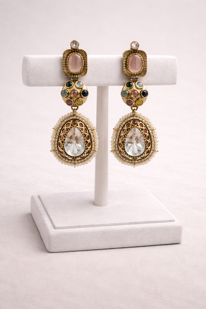 Multi-Stone Kundan Polki Teardrop Earrings-G35900