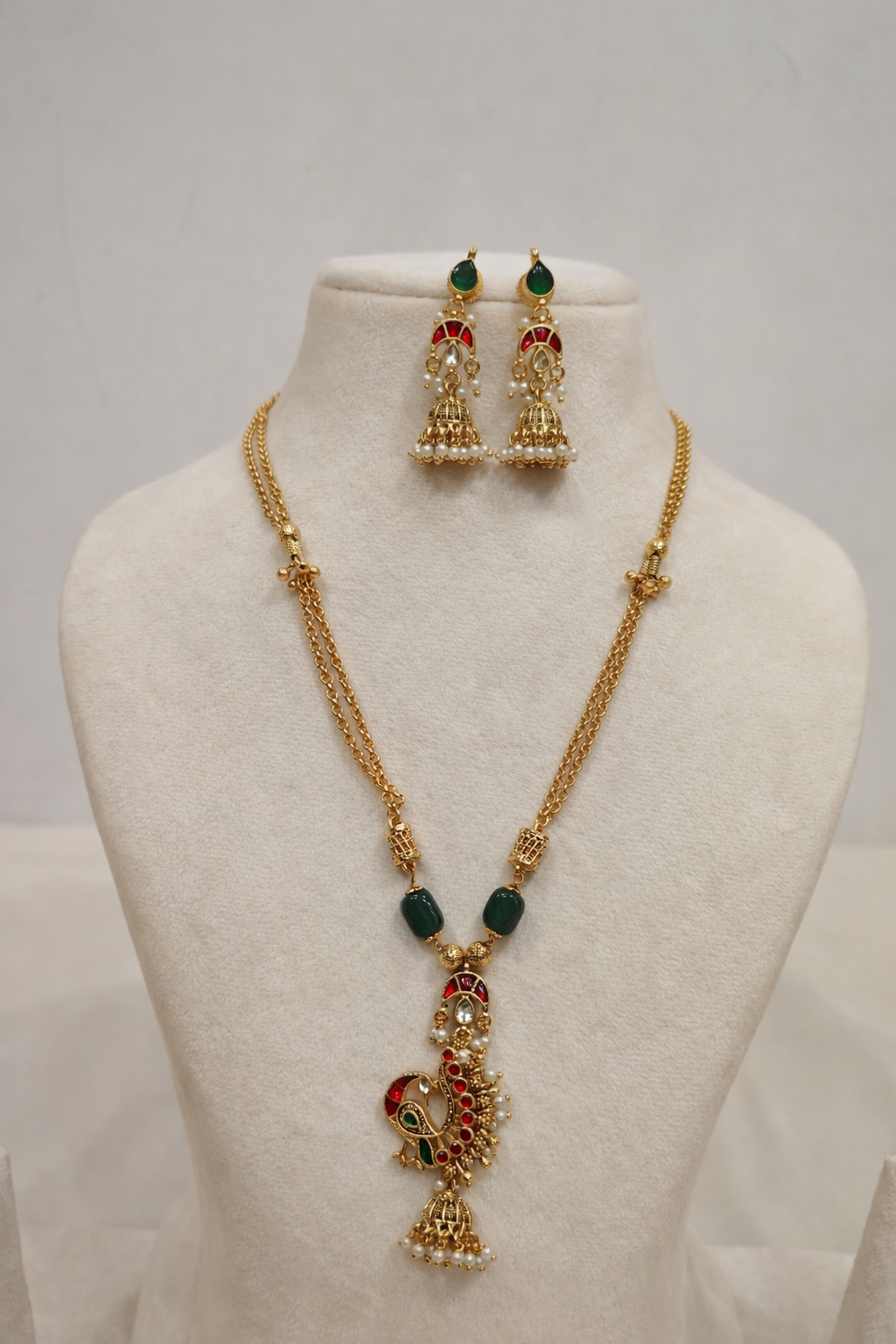 Antique Peacock Pendant in Green Beads Chain with Matching Jhumka Earrings-G352600