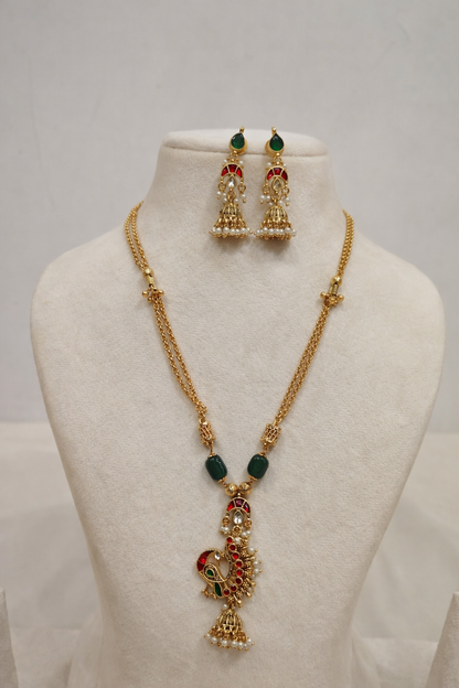 Antique Peacock Pendant in Green Beads Chain with Matching Jhumka Earrings-G352600